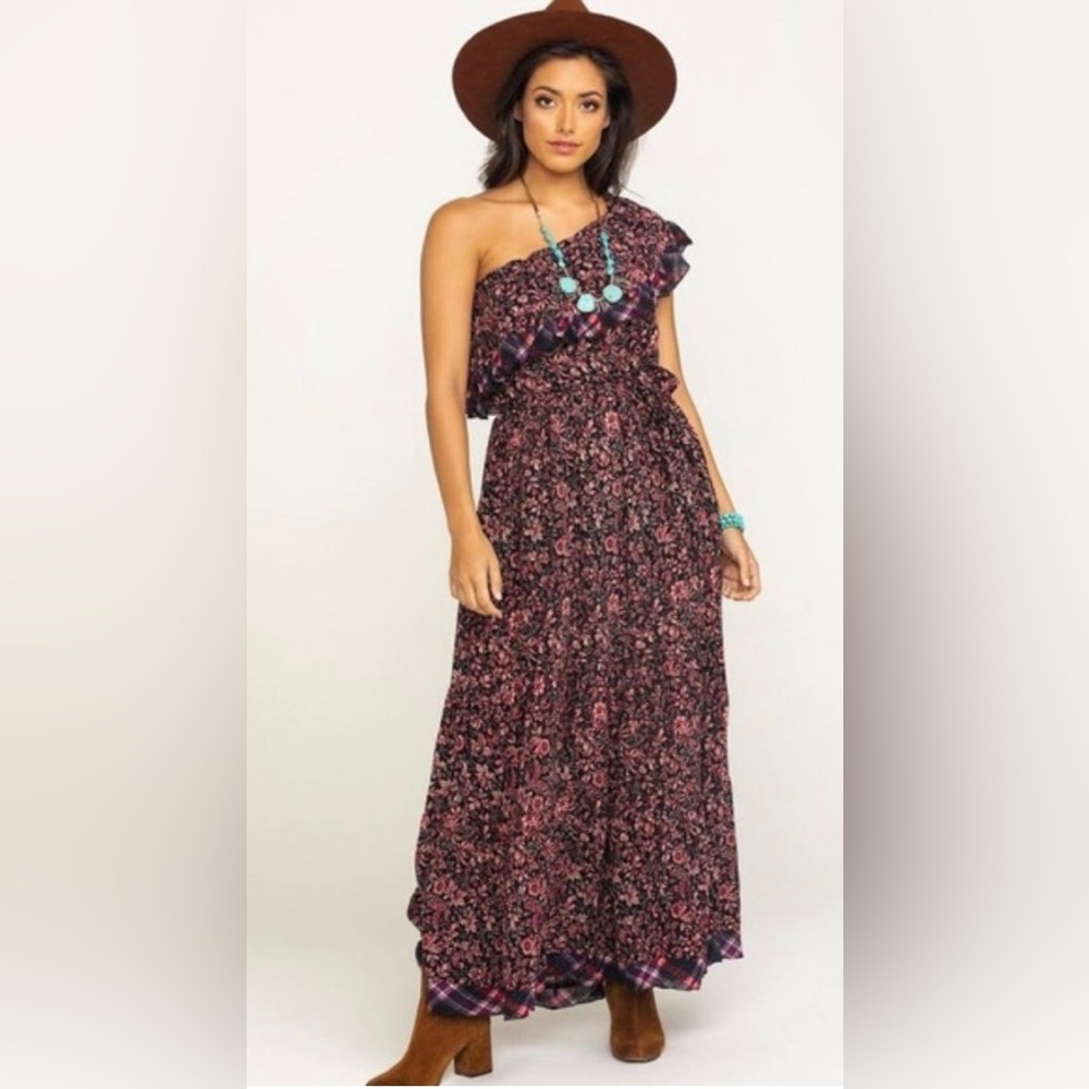 NWT Free People What About Love
One Shoulder Maxi Dress Floral w Plaid Ruffles*